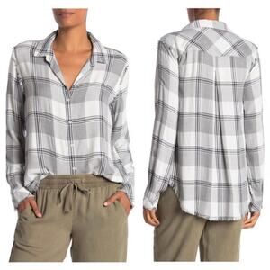Cloth & Stone Shirt Small Plaid Button Down Gray White Frayed Hem High Low